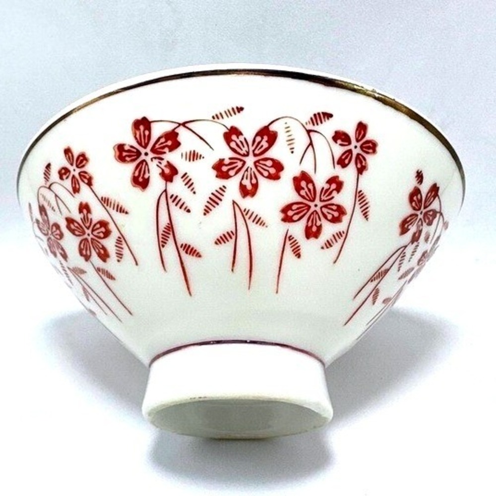 Japanese Cherry Blossom Bowl White‎ Red Floral Accent Gold Rim single